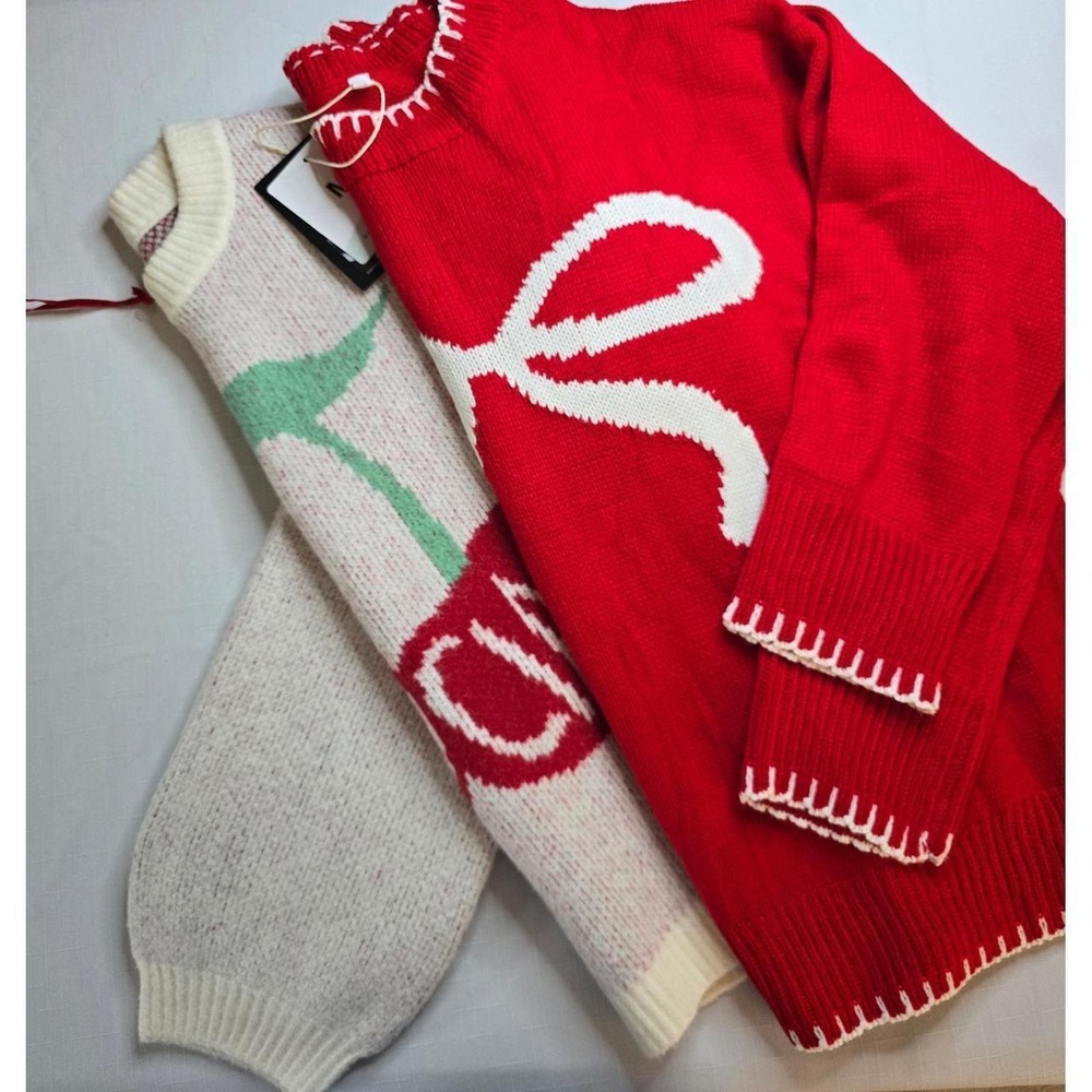 New A New Day Cherry Ciao Ciao & Red Bow Graphic Sweater Bundle Bundle Size M